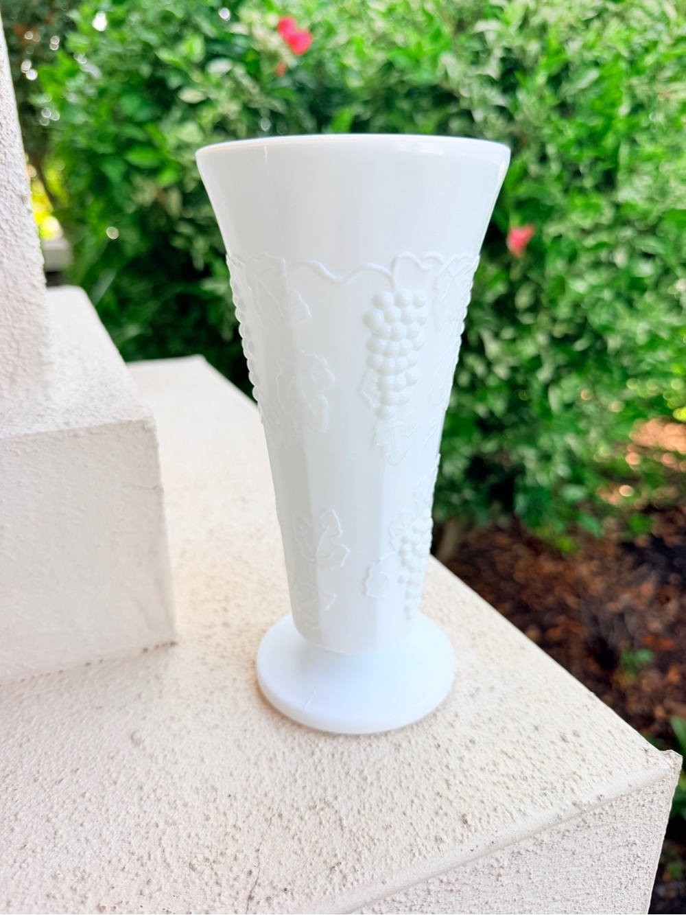 Vintage White Milk Glass Pedestal Vase Embossed Grapes & Vines Footed 10”